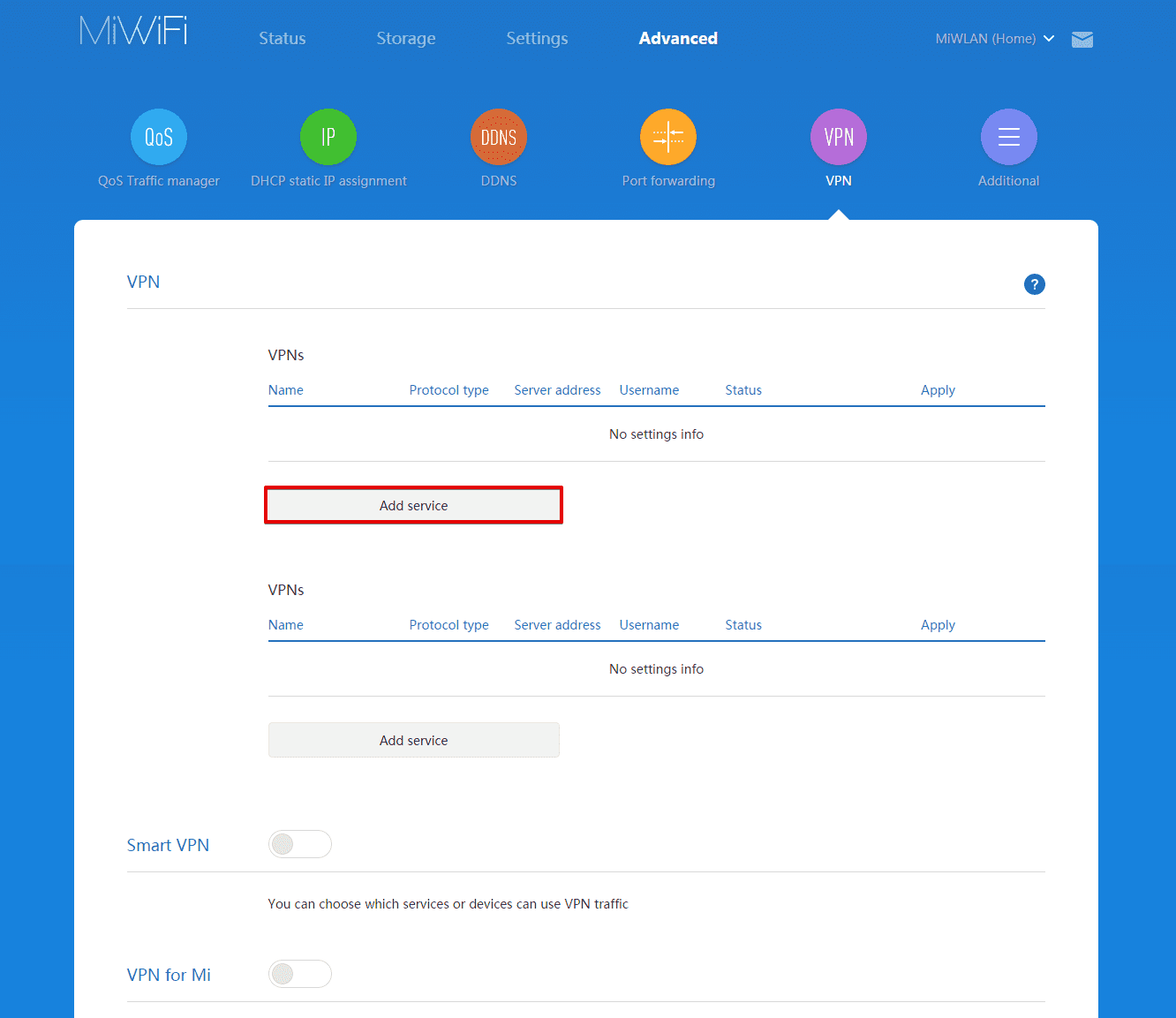 Configure VPN on Xiaomi router - click Add service in Advanced > VPN
