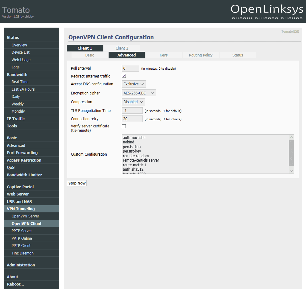 OpenVPN setup on Tomato router. OpenVPN Client Configuration tab > Advanced settings