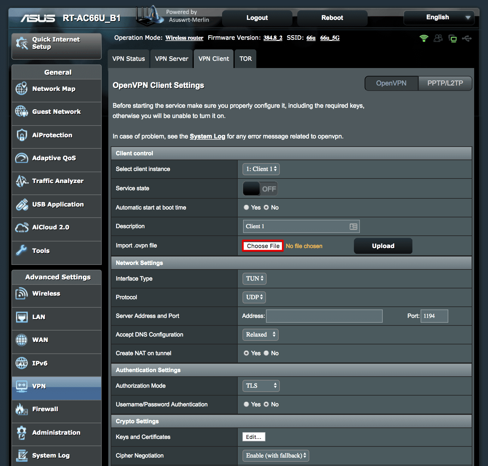OpenVPN Client Settings: Import .ovpn file