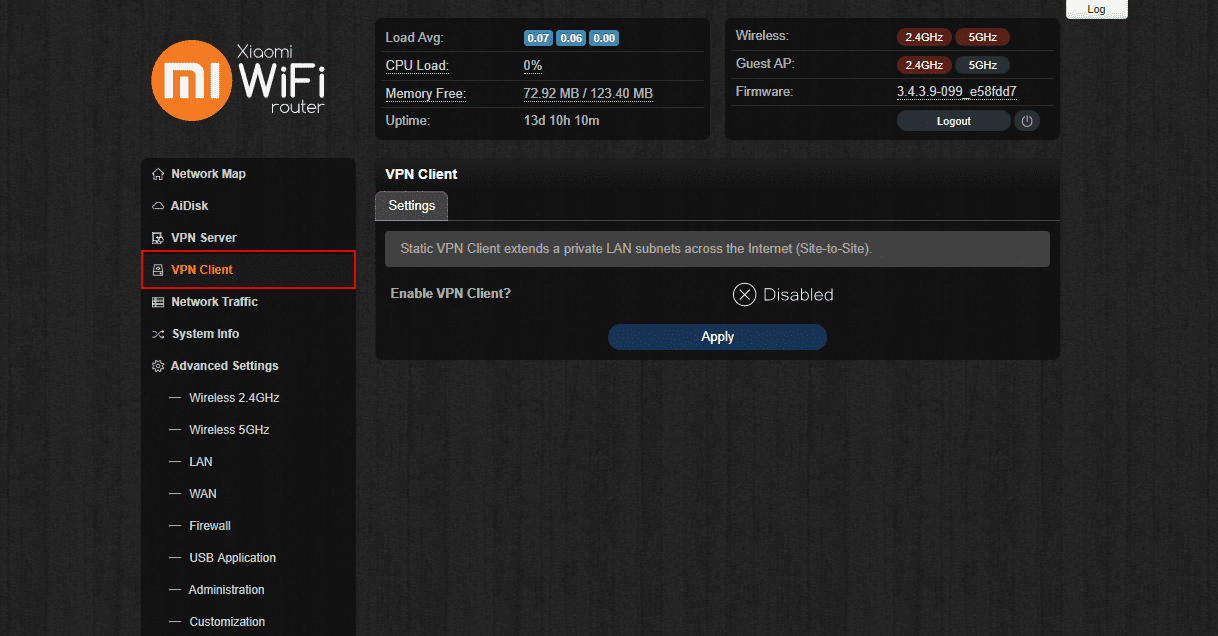Setting up Padavan VPN - MI router, VPN Client > Settings tab