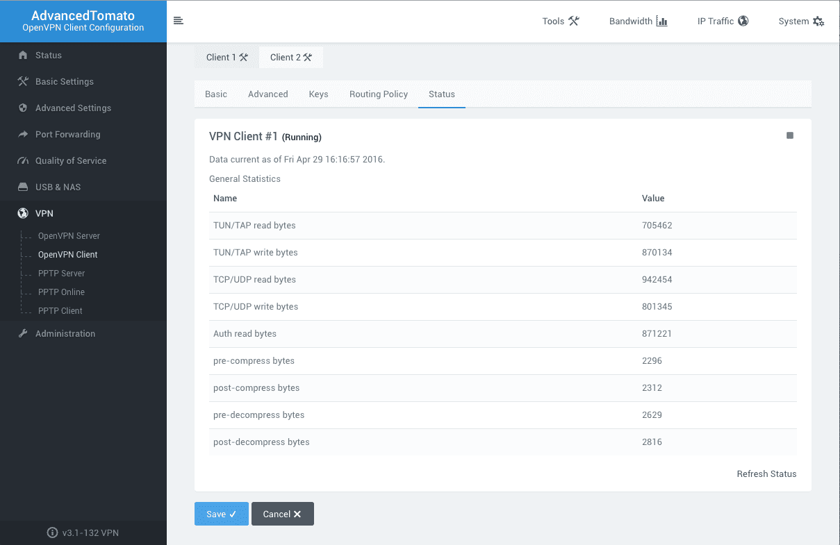 To review the connection status go to the VPN Client #1>Status tab - OpenVPN for Asus RT-N16 router
