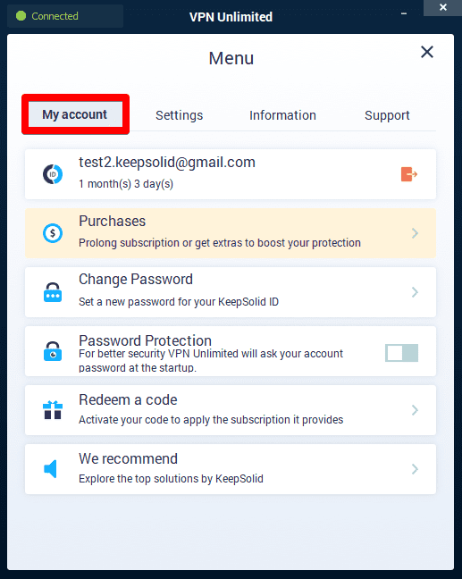 My KeepSolid ID account in VPN Unlimited app for Windows PC