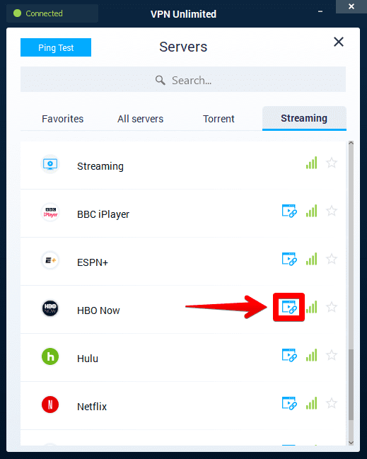 VPN List for PC: Streaming servers tab