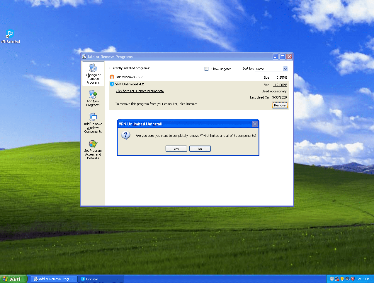 Removal of the VPN Unlimited application on Windows XP SP3 PC