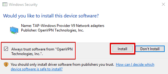 Always trust software from ”OpenVPN Technologies, Inc.”