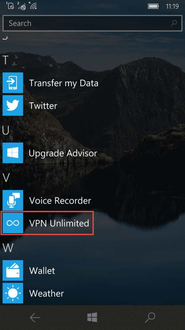Find VPN Unlimited in the list app on your Windows Phone after installing